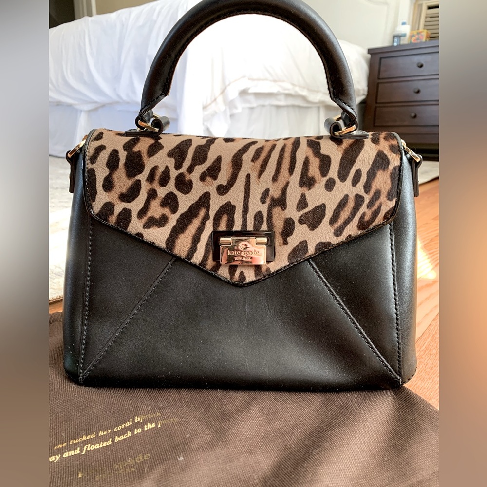 Kate Spade Black Leather Handbag with Leopard print flap